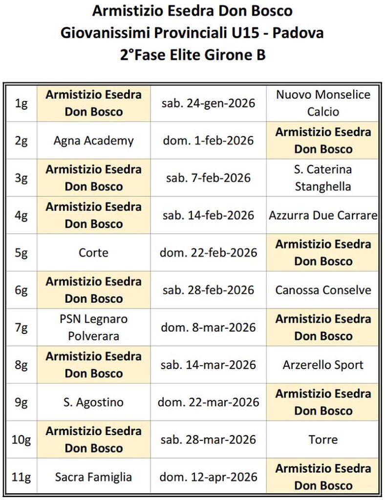 Calendario Gare Calcio Armistizio Esedra Don Bosco Padova Giovanissimi Provinciali U15 Padova 2^ Fase Girone B
